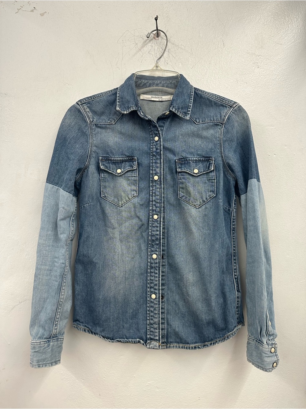 All saints Denim Western Shirt Jacket Blue color block women’s size 0